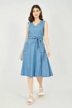 Image of Light Blue Chambray V Neck Midi Dress