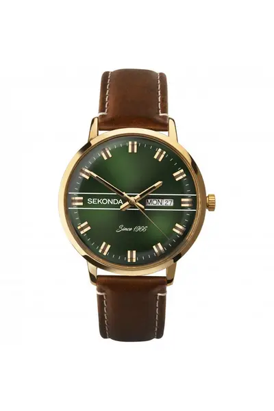Image of Sekonda 1974 38mm Gold Watch Round Case Green Dial Green