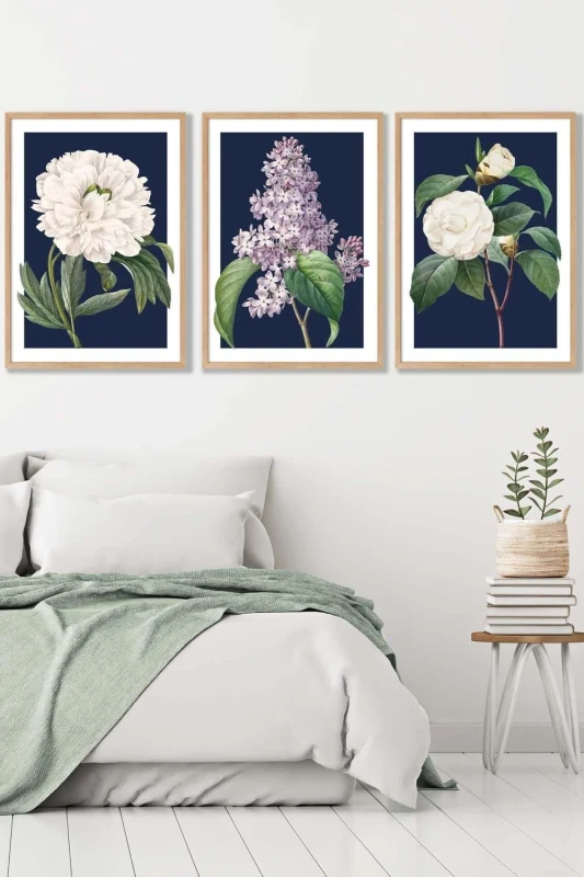 Image of ARTZE Set of 3 Oak Framed Vintage Flowers Lilac, Peony & Camellia on Navy Blue Wall Art Size: W45cm x H62cm x D20mm Navy Unisex W45cm x H62cm x