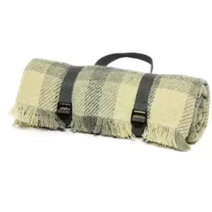 Image of Picnic Rug Roll Blanket Webbing Strap British Made Keith Check Duck Egg Charcoal - Multicoloured