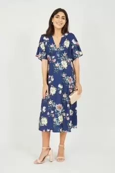 Image of Navy Floral Blossom Print Kimono Dress