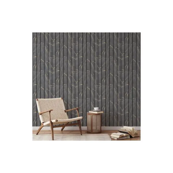 Image of MURIVA Woodgrain Panel Charcoal & Gold Wooden Slats Luxury Wallpaper 193503 - Muriva 193503