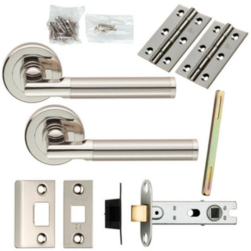 Image of Loops Door Handle & Latch Pack Polished & Satin Nickel Section Bar Screwless Rose Metallics