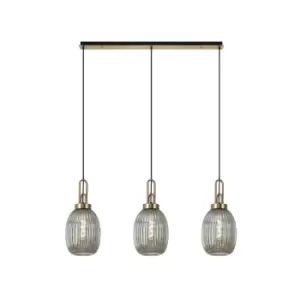 Image of Yorktown Linear 3 Light Ceiling Pendant E27 With 20cm Almond Ribbed Glass, Smoked Brass Gold, Matt Black