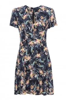 Image of French Connection Delphine Crepe Mix V Neck Dress Black Multi