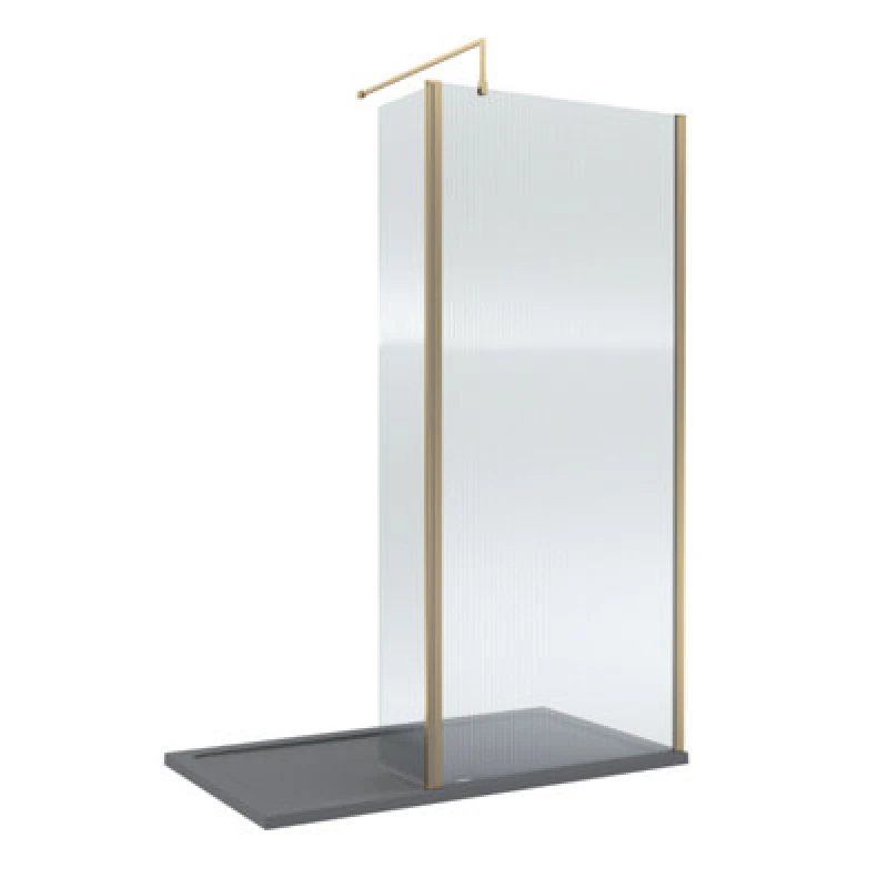 Image of Balterley 8mm Fluted Glass Walk In Wetroom Screen And Hinged Return With Brushed Brass Profile And Grey Shower Tray - 1400 X 800mm