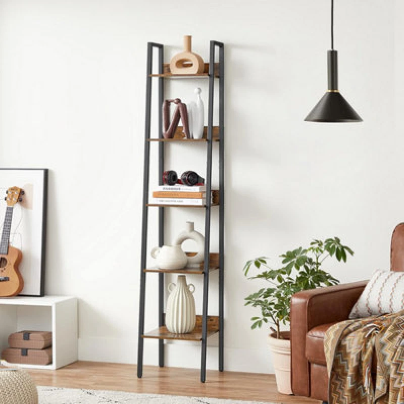 Image of Songmics Ladder Shelving Unit, 5-Tier Vertical Bookshelf, Functional Organizer, Industrial, Rustic Brown And Ink Black