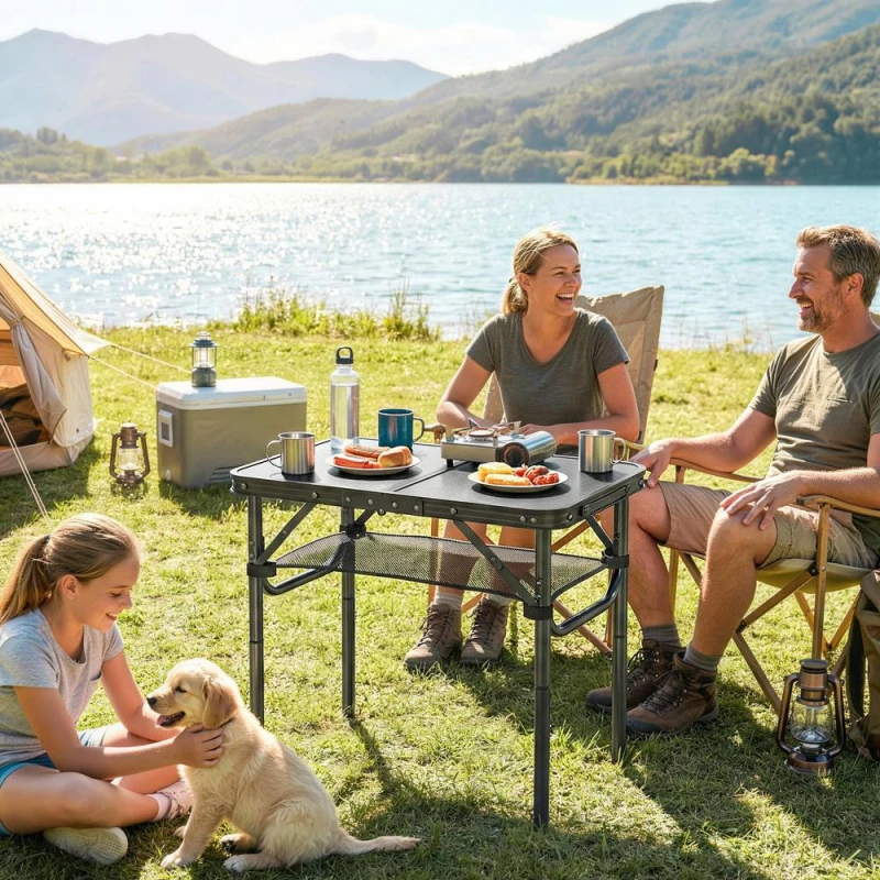 Image of OUTSUNNY 2ft Folding Camping Table, Picnic Table with Storage Layer, Black Unisex