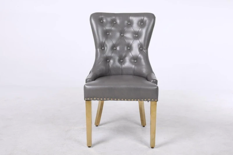 Image of Modernique Modernique Set of 2 Luna Leather Aire Dining Chairs with Knocker, Stud and Golden Legs in Grey Grey One Size Unisex 5061017321507