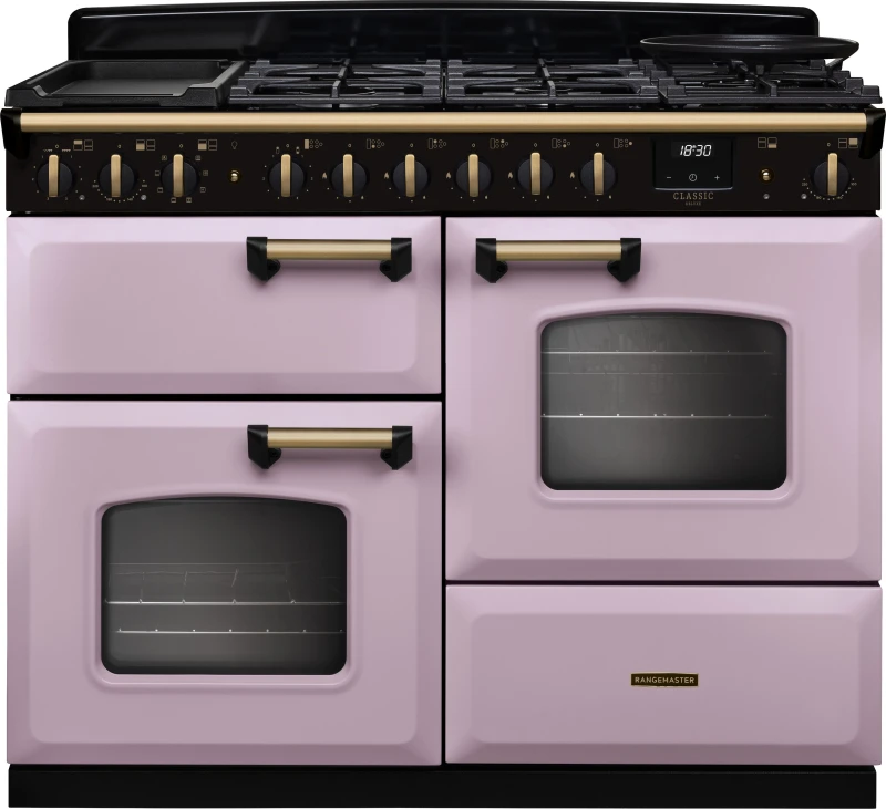 Image of Rangemaster Classic Deluxe 110 CLDLO110DFPHTH/AB1 110cm wide Dual Fuel Range Cooker with Gas Hob - Heather / Chrome - A Rated