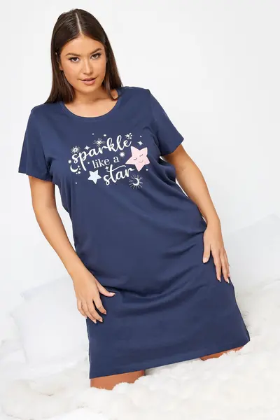 Image of Yours 'Sparkle Like A Star' Slogan Nightdress Dark Navy