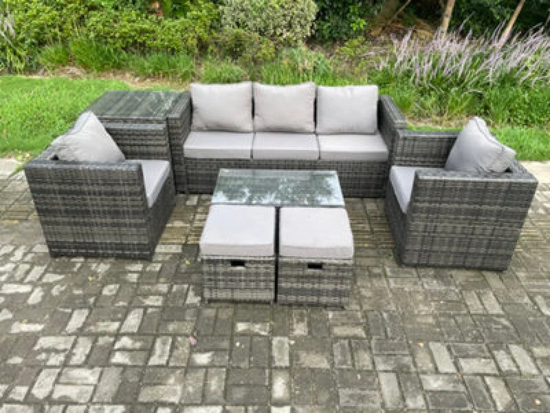 Image of Fimous Rattan Garden Furniture Set with 3 Seater Sofa Coffee Table Side Table 2 Armchairs 2 Small Footstools Dark Grey