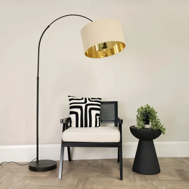 Image of ValueLights Louis Black Arched Curved Floor Lamp with Beige and Gold Inner Shade & LED Bulb Beige