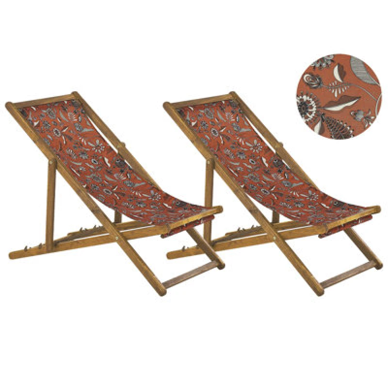 Image of BELIANI Beliani - Set of 2 Folding Deck Chairs Sun Loungers Light Acacia / Floral Pattern Anzio 311143