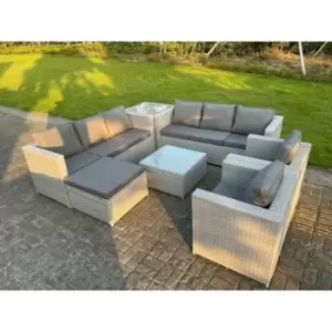 Image of Fimous 8 Seater Outdoor Light Grey Rattan Lounge Complete Sofa Set with Big Footstool