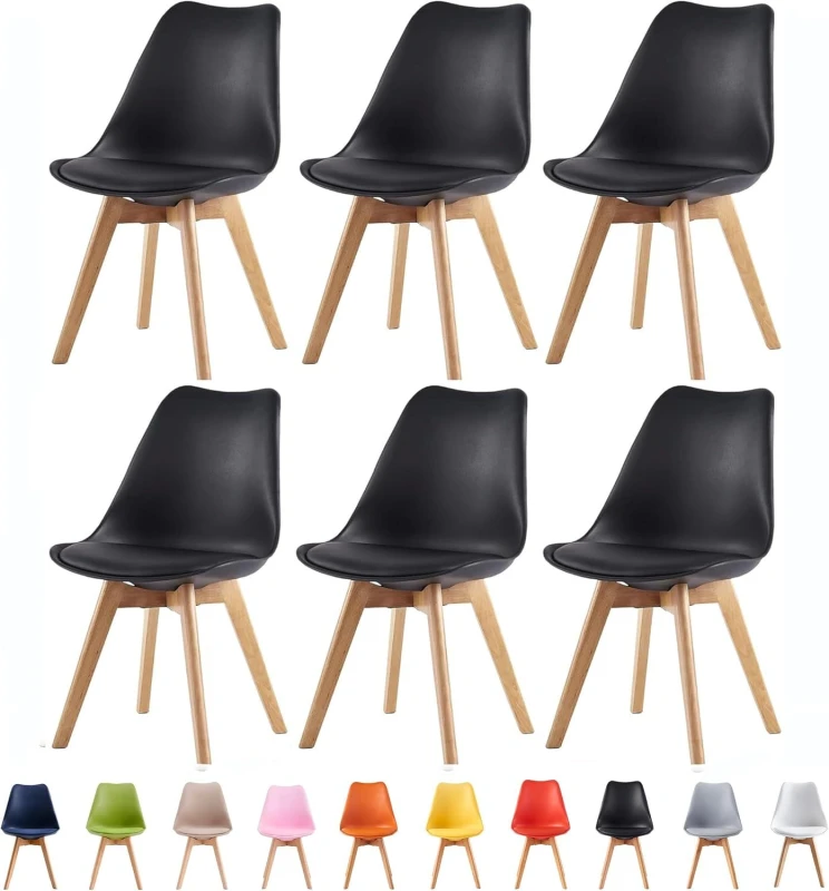 Image of MCC Direct Set of 6 Dining Chairs with Solid Wooden Legs & Seat Cushion Pads in Grey - Eva by MCC in Black Unisex