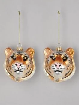 Image of Gisela Graham Set Of 2 Glass Tiger Head Christmas Tree Decorations