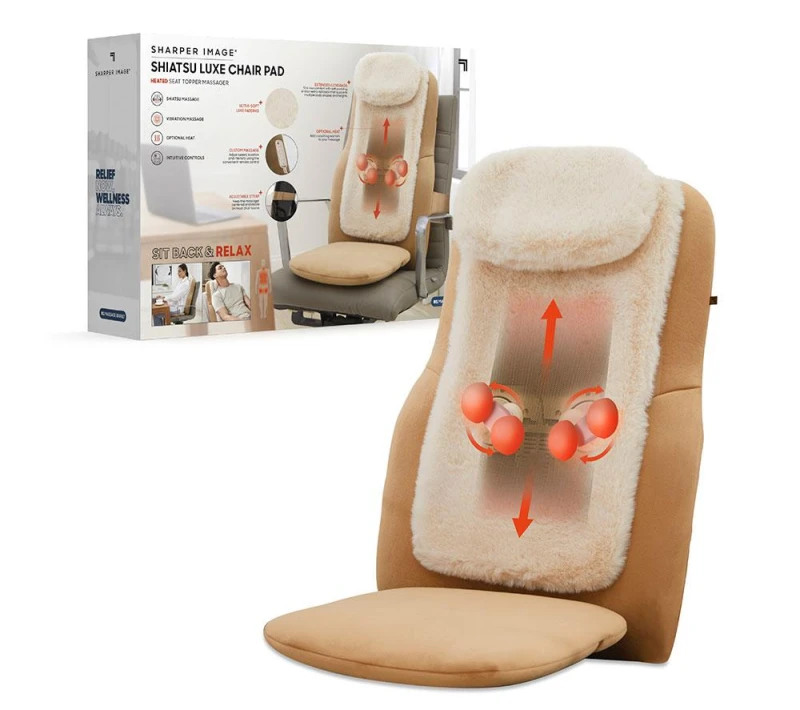 Image of SHARPER IMAGE Shiatsu Back Massage Seat Topper - Cream & Brown 4894088072662