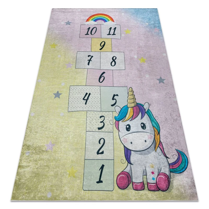 Image of RugsX Bambino 54060 Washing Carpet Unicorn, Hopscotch For Children Anti Slip - Pink / Ye 160X220 Cm