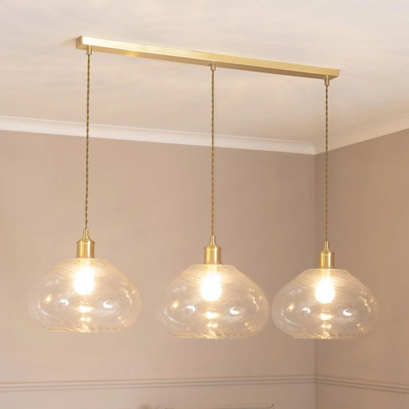 Image of ValueLights ValueLights Corinne Twill Spiral Glass 3 Drop Brushed Gold Diner Ceiling Pendant Light in Clear Clear One Size Unisex 5059406063480
