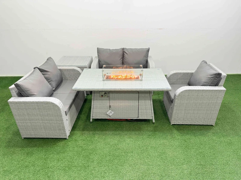 Image of Fimous High Back Poly Rattan Garden Furniture Set with Reclining Chair Loveseat Sofa Firepit Dining Table Indoor Outdoor Patio Set Side Table Light G