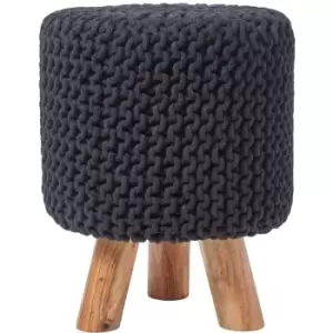 Image of Black Tall Cotton Knitted Footstool on Legs - Black - Homescapes