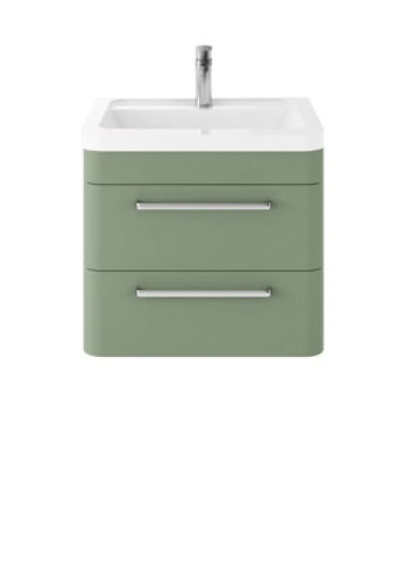 Image of Nuie Hudson Reed Solar Wall Hung Vanity Unit With Ceramic Basin, Modern 2 Drawer Bathroom Sink Vanity Unit In Fern Green, 600mm