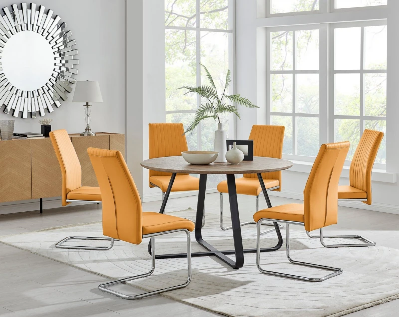 Image of FurnitureboxUK FurnitureboxUK Santorini Brown Wood Effect Dining Table & 6 Black Lorenzo Chairs in Mustard Mustard One Size Unisex 5056657124106