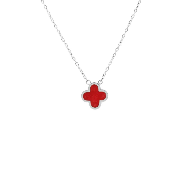 Image of Say It With Cherry Red Crystal Clover Necklace - Silver Size: 18" Silver Unisex 18"