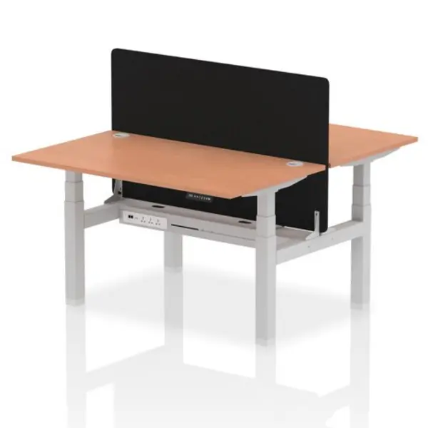 Image of Air Air Back-to-Back 1400 x 800mm Height Adjustable 2 Person Bench Desk Beech Top with Cable Ports Silver Frame with Black Straight Screen HASCP2P148
