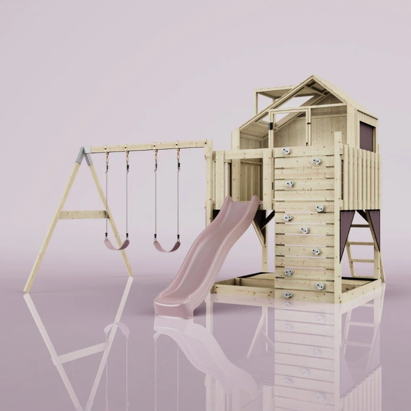 Image of OutdoorToys PolarPlay Kids Climbing Tower & Playhouse for Kids - Swing Haldor Rose in Beige Beige Unisex