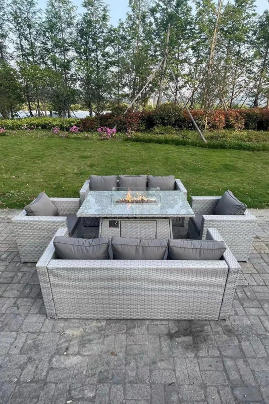 Image of Fimous Rattan Garden Furniture Set Gas Fire Pit Dining Set Heater Burner Lounge Sofa Chairs Outdoor Light Grey
