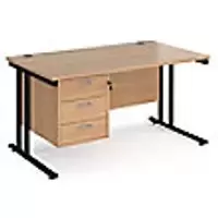 Image of Rectangular Straight Desk Beech Wood Cantilever Legs Black Maestro 25 1400 x 800 x 725mm 3 Drawer Pedestal