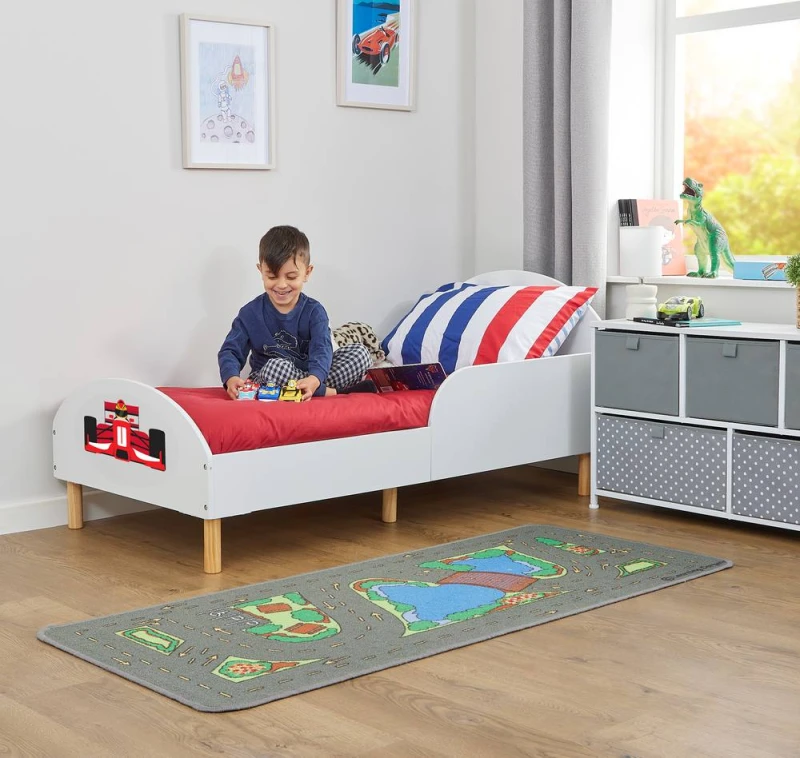 Image of Liberty House Toys Kids White Toddler Bed - Formula 1 Size: Cot Bed White Unisex Cot Bed