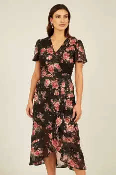 Image of Black Rose Print Midi Wrap Dress