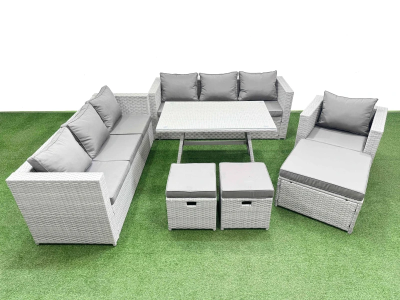 Image of Fimous 10-seater Patio 3 Seater Sofa Armchair Set with 3 Stools in Light Grey Light Grey Unisex