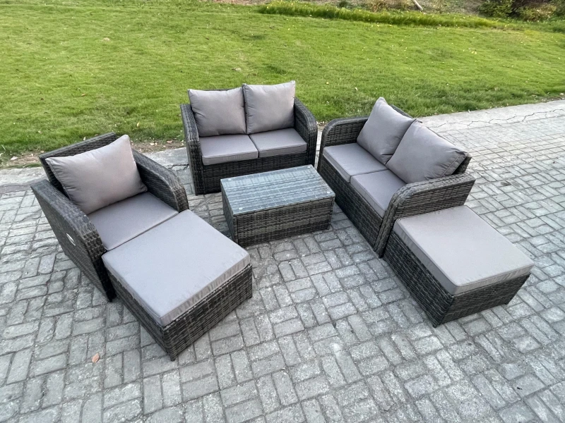 Image of Fimous 7 Seater Garden Furniture Set Rattan Outdoor Lounge Sofa Chair With Tempered Glass Table 2 Big Footstool Dark Grey Mixed Dark Grey