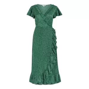 Image of Yumi Green Leopard Satin Wrap Midi Dress - Green