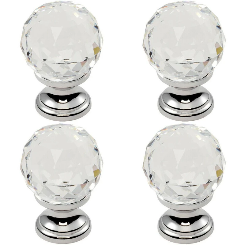 Image of Loops 4x Faceted Crystal Cupboard Door Knob 35mm Dia Polished Chrome Cabinet Handle Multi unisex
