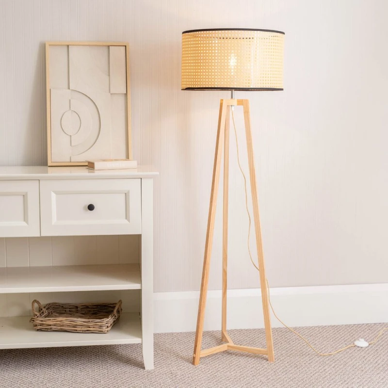Image of ValueLights Lottie Natural Wood Tripod Floor Lamp with Natural Cane Drum Shade Natural