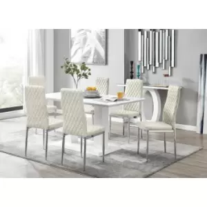 Image of Furniturebox UK - Furniturebox Imperia 6 High Gloss White Modern Dining Table and 6 Cream Milan Faux Leather Dining Chairs With Silver Legs Diamond