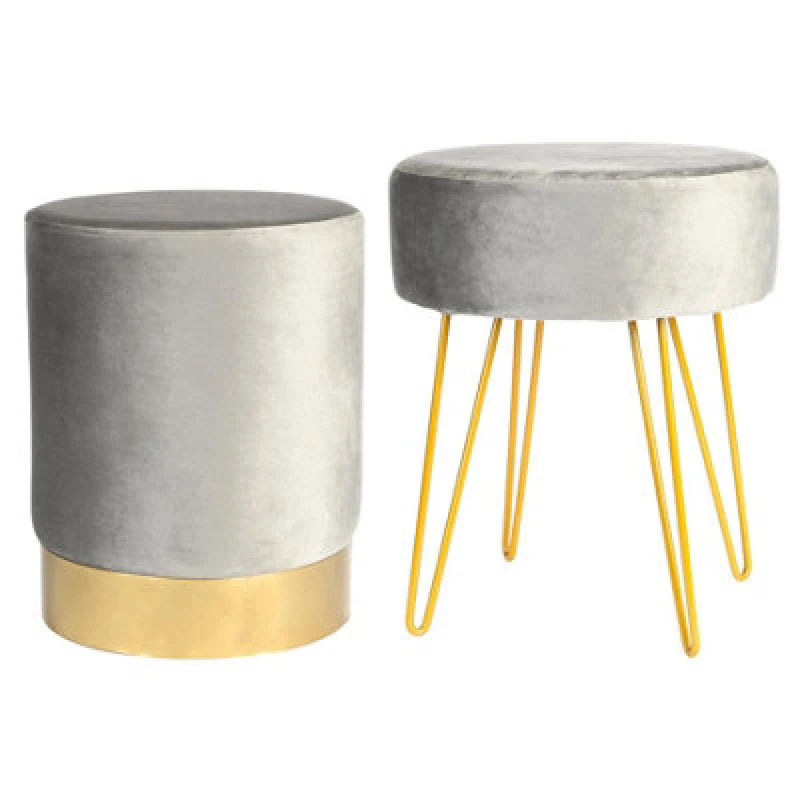 Image of Harbour Housewares 2 Piece Velvet Footstools Set - Grey - Round Luxe Living Room Bedroom Dressing Table Accent Pouffe