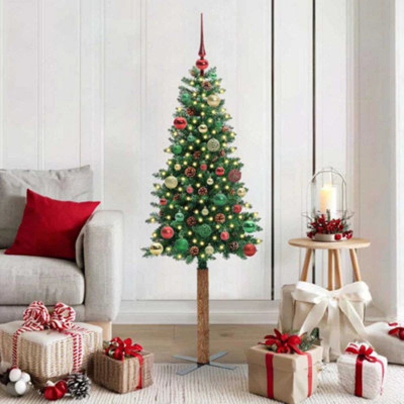 Image of vidaXL Slim Christmas Tree with Multicolour Balls Green 150cm PVC and Solid Pine wood, Green 3394859