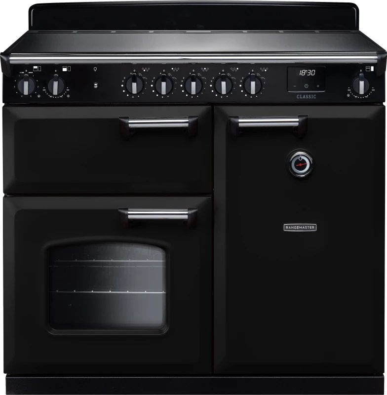 Image of Rangemaster Classic CL100EIPGBL/CM1 100cm wide Electric Range Cooker with Induction Hob - Black / Chrome - A/A Rated