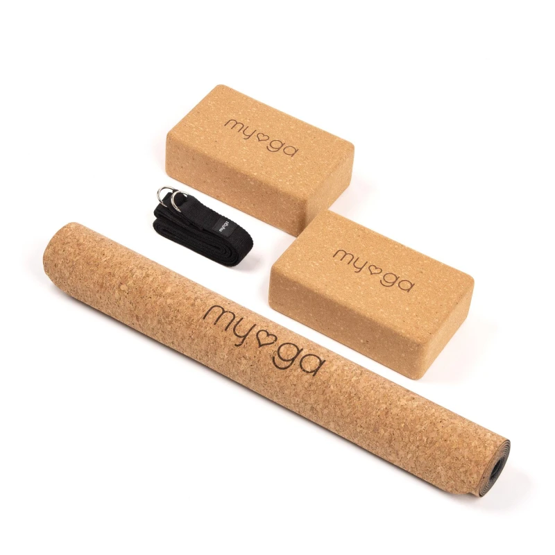 Image of Myga Cork Yoga Mat; Pair Of Cork Blocks Strap Black RY1132-SET2