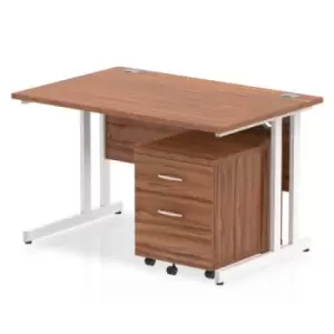 Image of Impulse 1200 x 800mm Straight Office Desk Walnut Top White Cantilever Leg Workstation 2 Drawer Mobile Pedestal