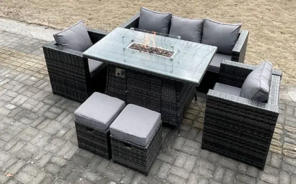 Image of Fimous 5 Seater Outdoor Dark Grey Rattan Lounge Complete Sofa Set with Gas Fire Pit Table, Heater and 2 Stools