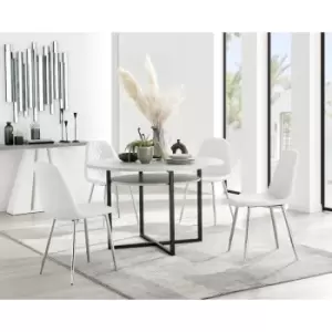 Image of Furniturebox Adley Grey Concrete Effect 120cm Storage Dining Table & 4 White Corona Faux Leather Dining Chairs with Silver Legs Diamond Stitch