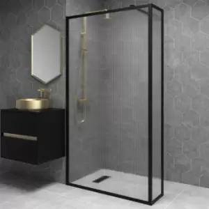 Image of Black 1100mm Fluted Glass Wet Room Shower Screen with Wall Support Bar & Return Panel - Volan