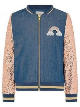 Image of Monsoon Girls Sequin Unicorn Denim Bomber Jacket - Blue